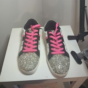 Shoe Dazzle Glitter Sneakers with Pink Laces